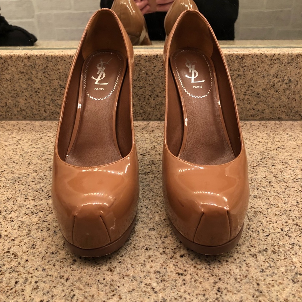 YSL patent leather tan pump